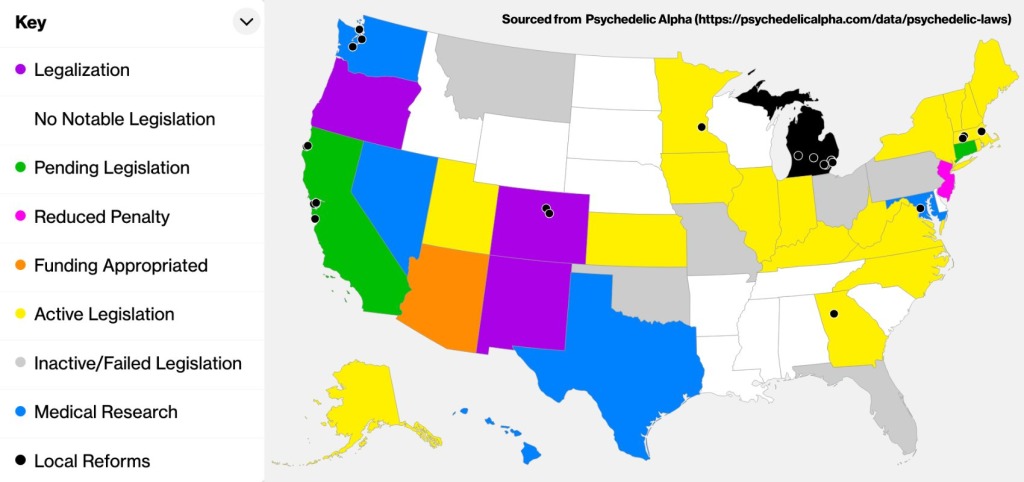 Visual map showing the legality of psychedelics throughout the USA as of 2026.