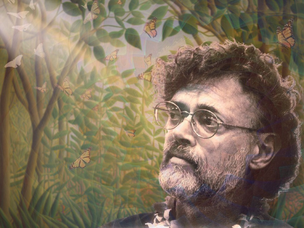 artwork of terence mckenna in front of painted leaves